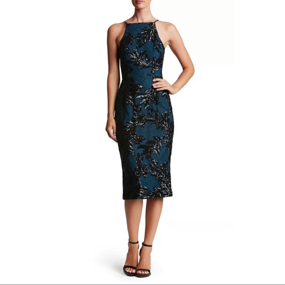 Dress the Population Teal Cocktail Dress with Lace and Sequin Overlay sz. L